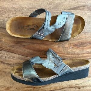 NAOT Kimberly silver bronze metallic women’s slide sandals with cork footbed